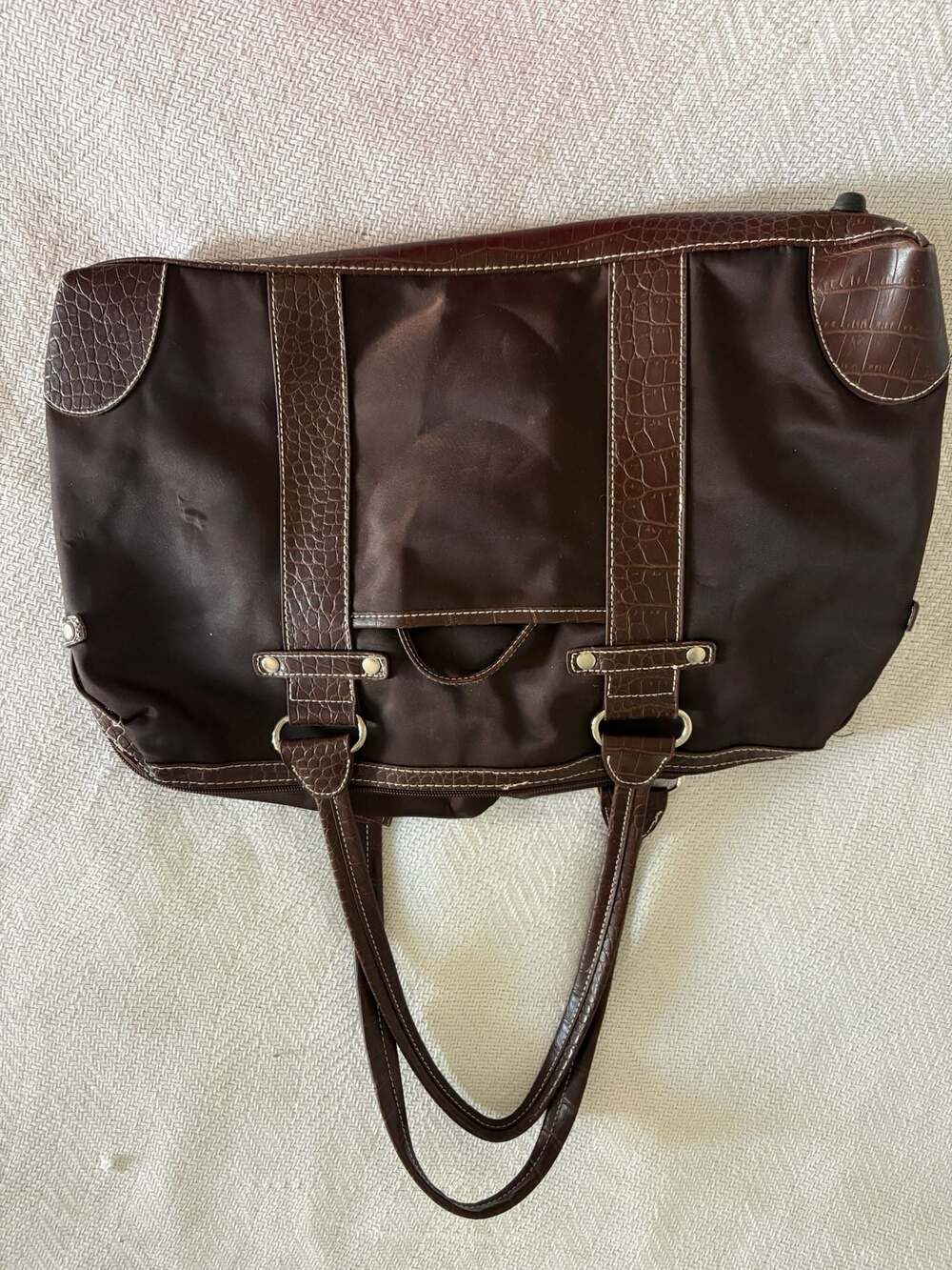 George Brown Nylon and Faux Croc-Embossed Tote Shoulder Bag